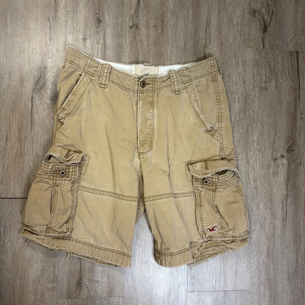 VTG Hollister Cargo 10" Shorts 100% Cotton Size 33 Brown Khaki Tan Distressed